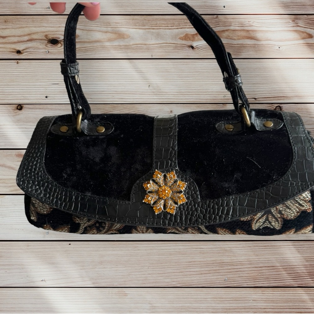 Marshall Fields Black Velvet Damask Print Bag with Broach Vintage EUC